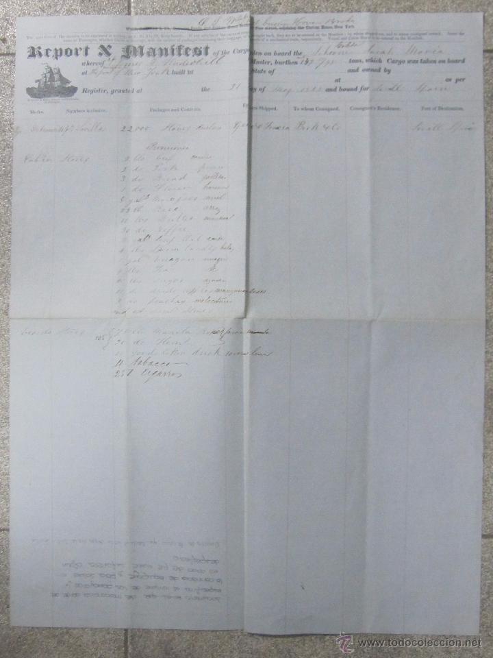 L&iacute;neas de navegaci&oacute;n: DOCUMENTO DE CARGA DE UN BARCO DE NUEVA YORK A SEVILLA. 1855. - Foto 1