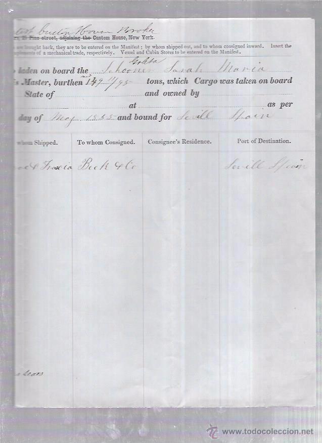 L&iacute;neas de navegaci&oacute;n: DOCUMENTO DE CARGA DE UN BARCO DE NUEVA YORK A SEVILLA. 1855. - Foto 3