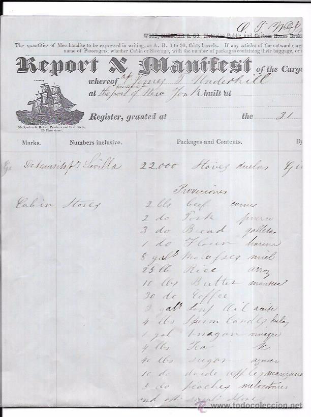 L&iacute;neas de navegaci&oacute;n: DOCUMENTO DE CARGA DE UN BARCO DE NUEVA YORK A SEVILLA. 1855. - Foto 4
