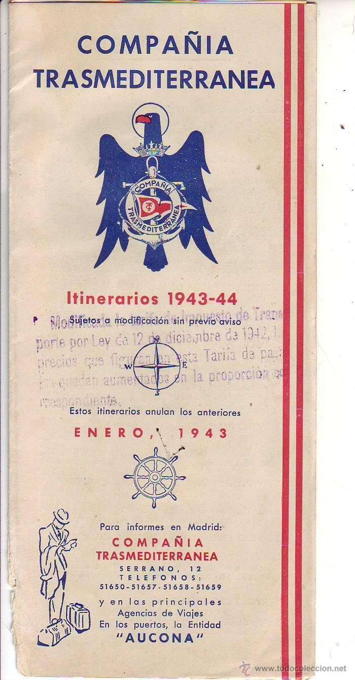 L&iacute;neas de navegaci&oacute;n: compa&ntilde;ia transmediterranea -itinerarios 1943-44 - Foto 1