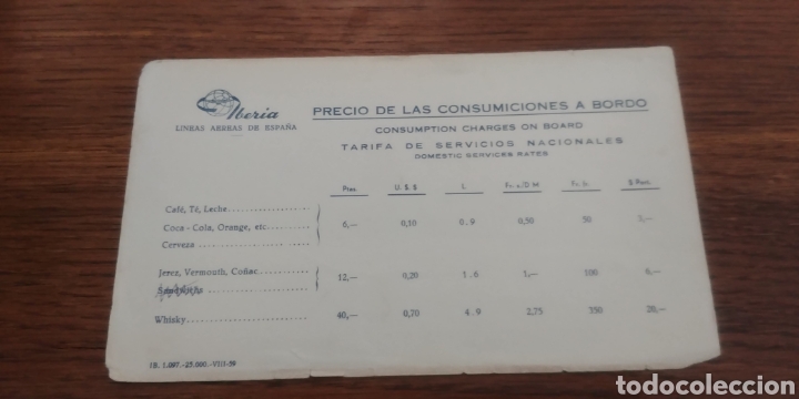 L&iacute;neas de navegaci&oacute;n: Carta de precios a bordo Ibera 1959 - Foto 1