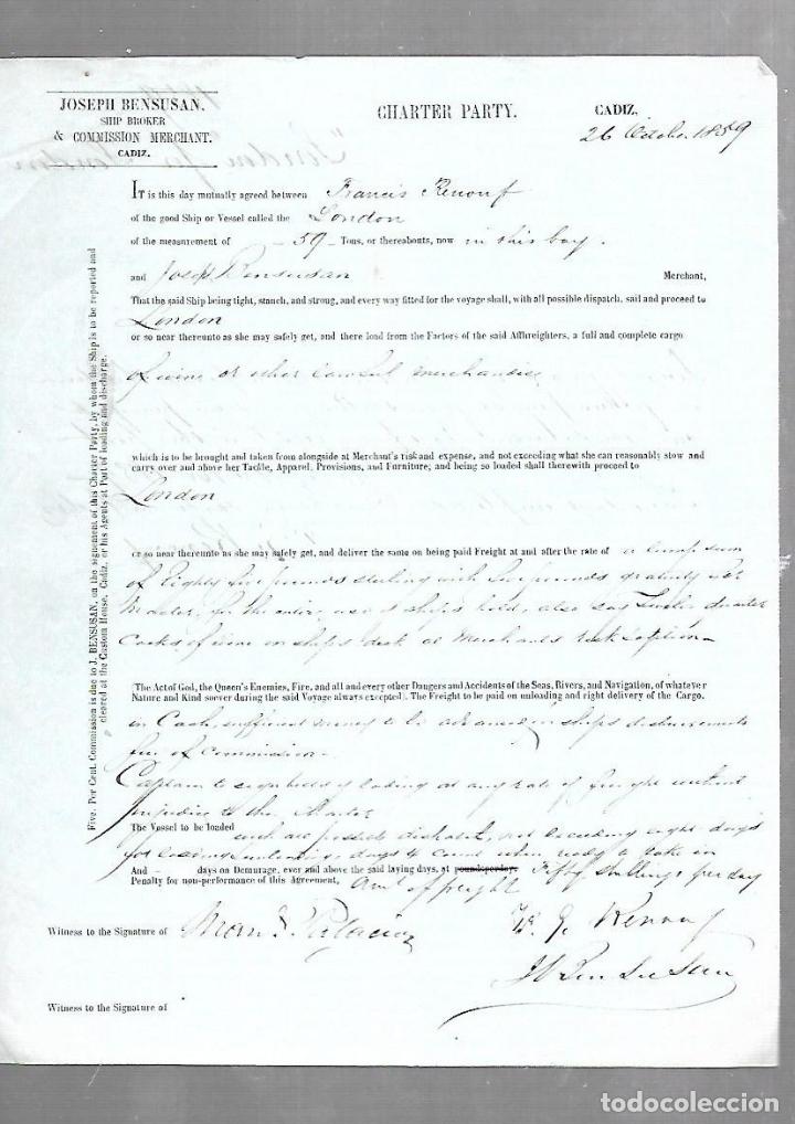 L&iacute;neas de navegaci&oacute;n: CONOCIMIENTO DE EMBARQUE. JOSEPH BENSUSAN. DE CADIZ A LONDRES. 1859 - Foto 1