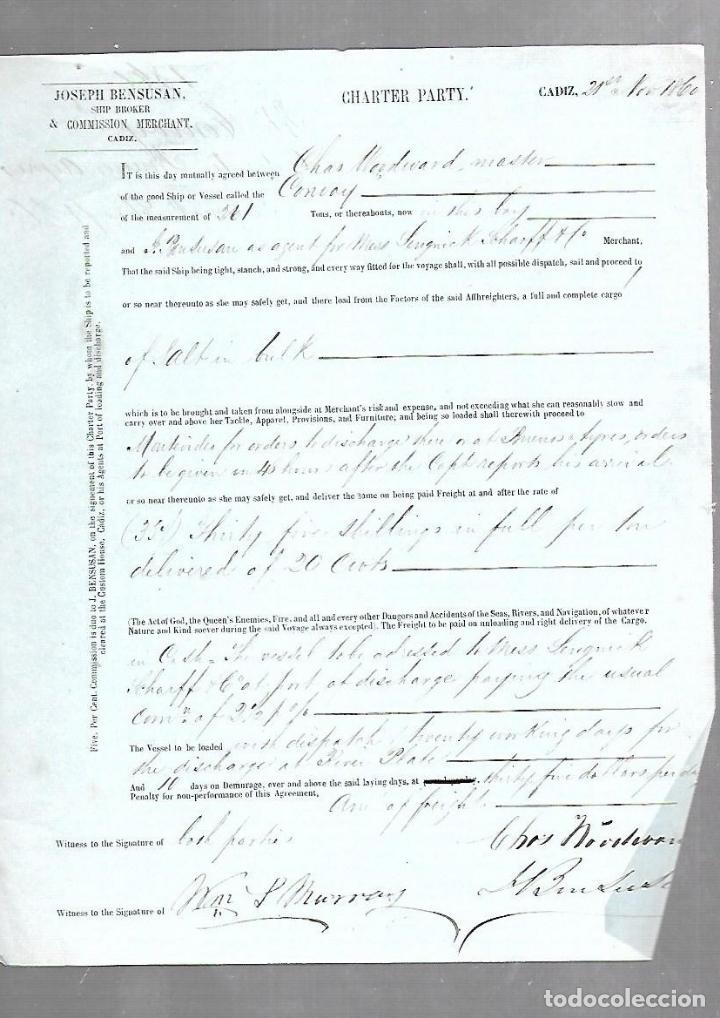 L&iacute;neas de navegaci&oacute;n: CONOCIMIENTO DE EMBARQUE. JOSEPH BENSUSAN. DE CADIZ A MONTEVIDEO. 1860 - Foto 1