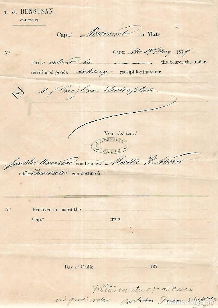 L&iacute;neas de navegaci&oacute;n: RECIBI DE MATERIAL PARA BARCOS. BASE GALVANIZADA. PARA A.J. BENSUSAN. CADIZ. 1879 - Foto 1