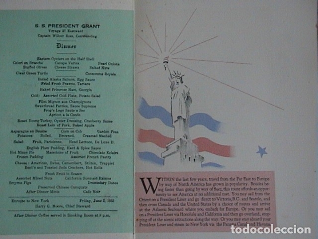 L&iacute;neas de navegaci&oacute;n: Men&uacute; S.S. President Grant. 1933 - Foto 3