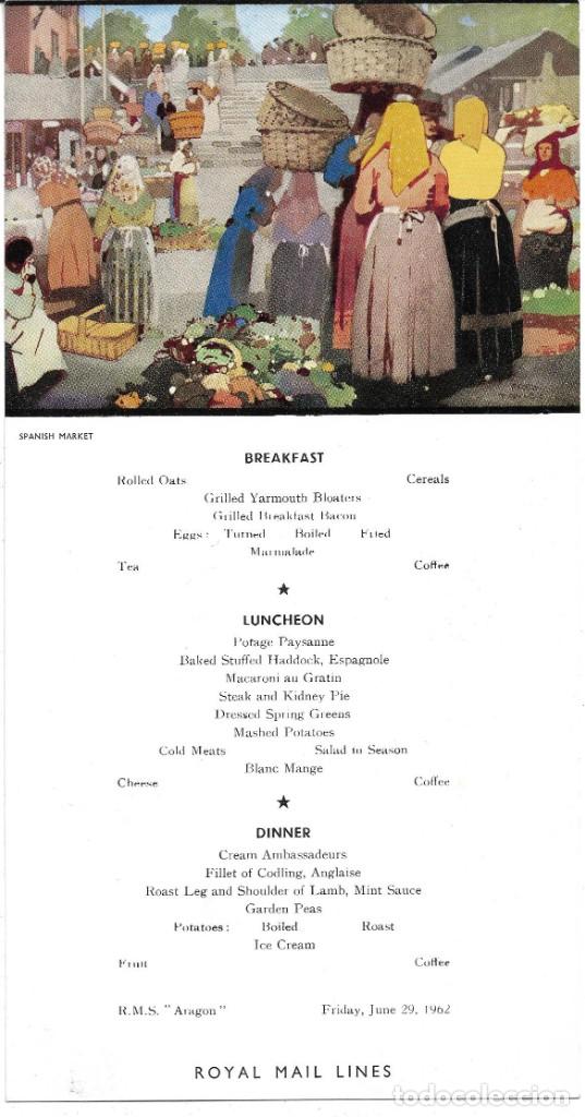 L&iacute;neas de navegaci&oacute;n: MENU ROYAL MAIL LINES R.M.S. &rdquo;ARAGON&rdquo; 29 JUNIO 1962* - Foto 1