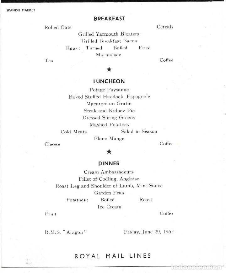 L&iacute;neas de navegaci&oacute;n: MENU ROYAL MAIL LINES R.M.S. &rdquo;ARAGON&rdquo; 29 JUNIO 1962* - Foto 3