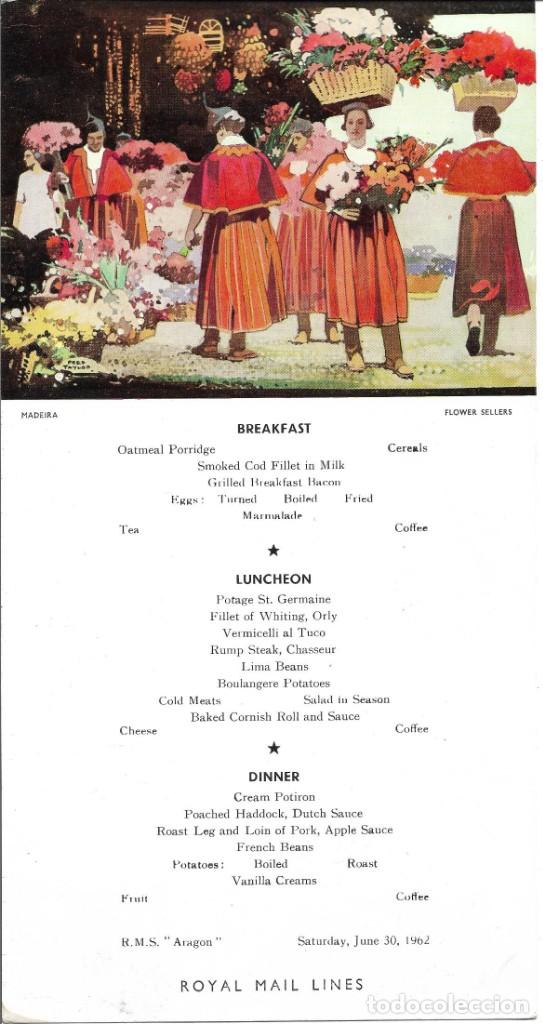 L&iacute;neas de navegaci&oacute;n: MENU ROYAL MAIL LINES R.M.S. &rdquo;ARAGON&rdquo; 30 JUNIO 1962* - Foto 1