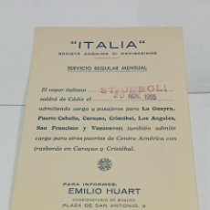 Líneas de navegación: TARJETA POSTAL. S.A DI NAVIGAZIONE ITALIA. SALIDA DE BARCO. CÁDIZ. 1955. VAPOR ITALIANO STROMBOLI.