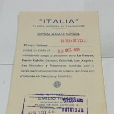 Líneas de navegación: TARJETA POSTAL. S.A DI NAVIGAZIONE ITALIA. SALIDA DE BARCO. CÁDIZ. 1955. VAPOR ITALIANO NEREIDE.
