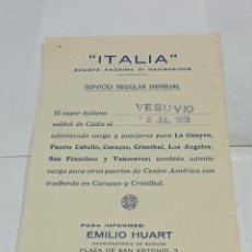 Líneas de navegación: TARJETA POSTAL. S.A DI NAVIGAZIONE ITALIA. SALIDA DE BARCO. CÁDIZ. 1955. VAPOR ITALIANO VESUVIO.