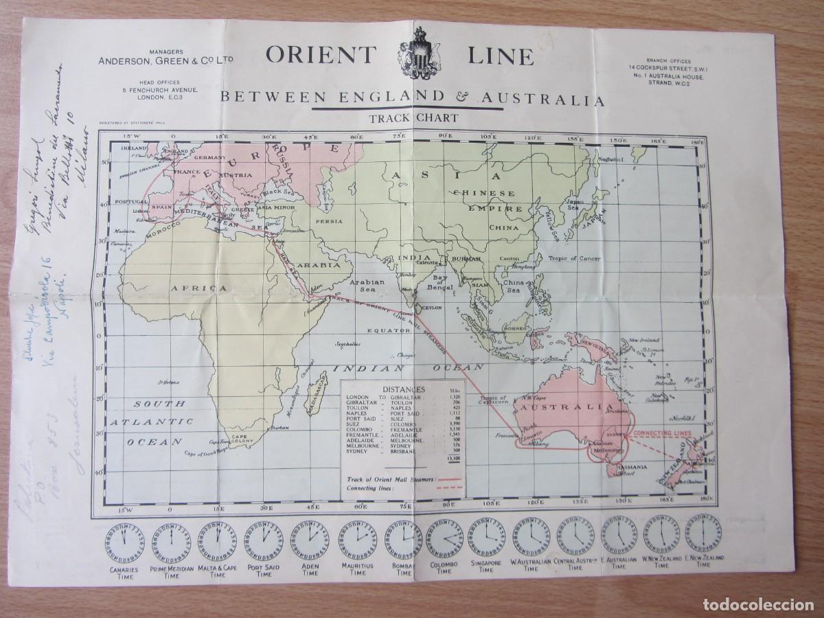 L&iacute;neas de navegaci&oacute;n: ORIENT LINE BETWEEN ENGLAND & AUSTRALIA. TRACK CHART 1932-1933. &Uacute;NICO. - Foto 1