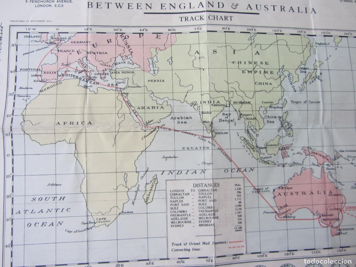 L&iacute;neas de navegaci&oacute;n: ORIENT LINE BETWEEN ENGLAND & AUSTRALIA. TRACK CHART 1932-1933. &Uacute;NICO. - Foto 2