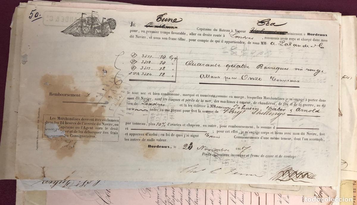L&iacute;neas de navegaci&oacute;n: LOTE DE 108 CONOCIMIENTOS EMBARQUE, DOCUMENTOS COMERCIO NAVAL BURDEOS. SIGLO XIX - Foto 5