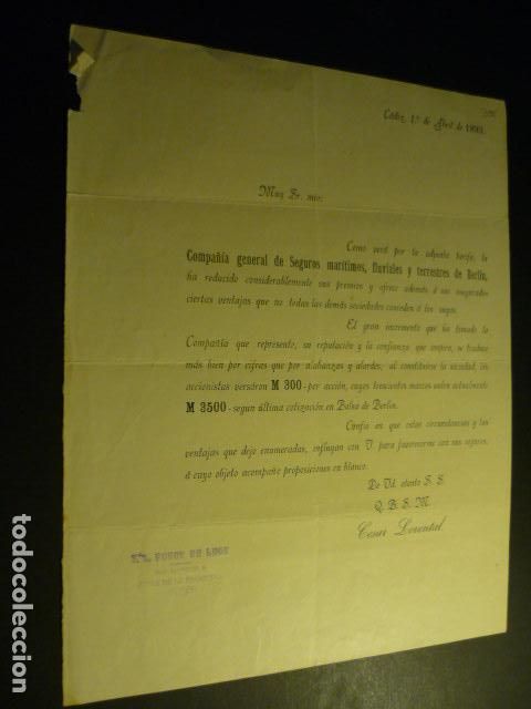 L&iacute;neas de navegaci&oacute;n: CIRCULAR CADIZ 1893 COMPA&Ntilde;IA GENERAL SEGUROS MARITIMOS - Foto 1