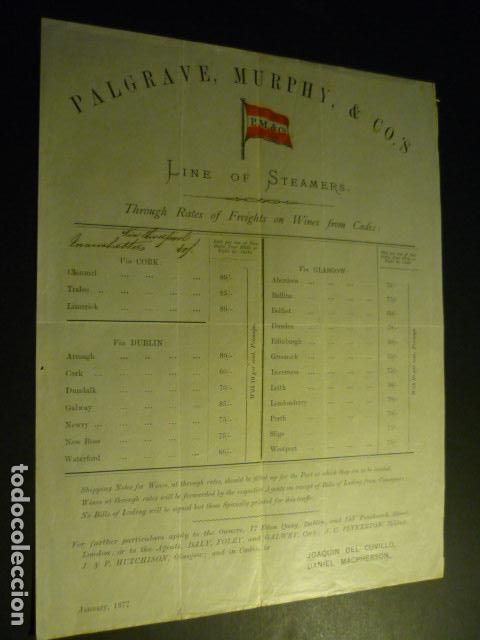 L&iacute;neas de navegaci&oacute;n: CIRCULAR PALGRAVE MURPHY & CO CADIZ 1877 FLETES - Foto 1