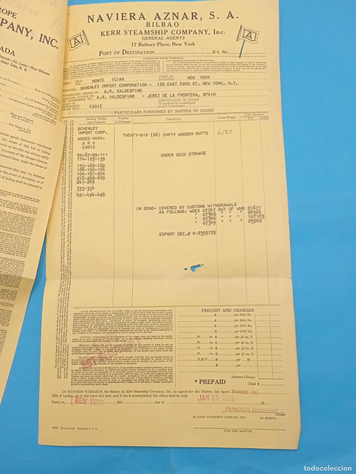 L&iacute;neas de navegaci&oacute;n: NAVIERA AZNAR, S.A. BILBAO. 1955. CONOCIMIENTO DE EMBARQUE. - Foto 3