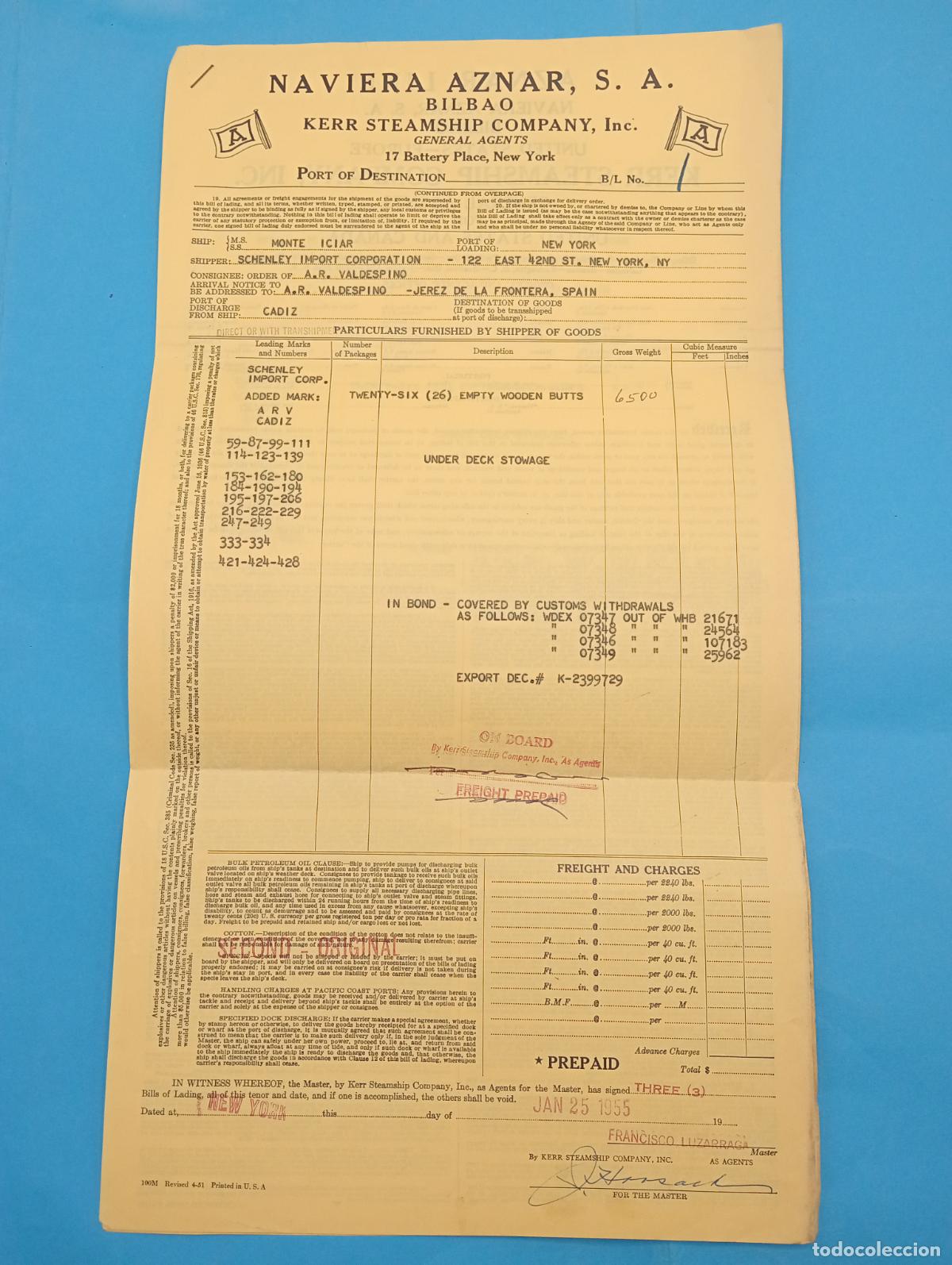 L&iacute;neas de navegaci&oacute;n: NAVIERA AZNAR, S.A. BILBAO. 1955. CONOCIMIENTO DE EMBARQUE. - Foto 1