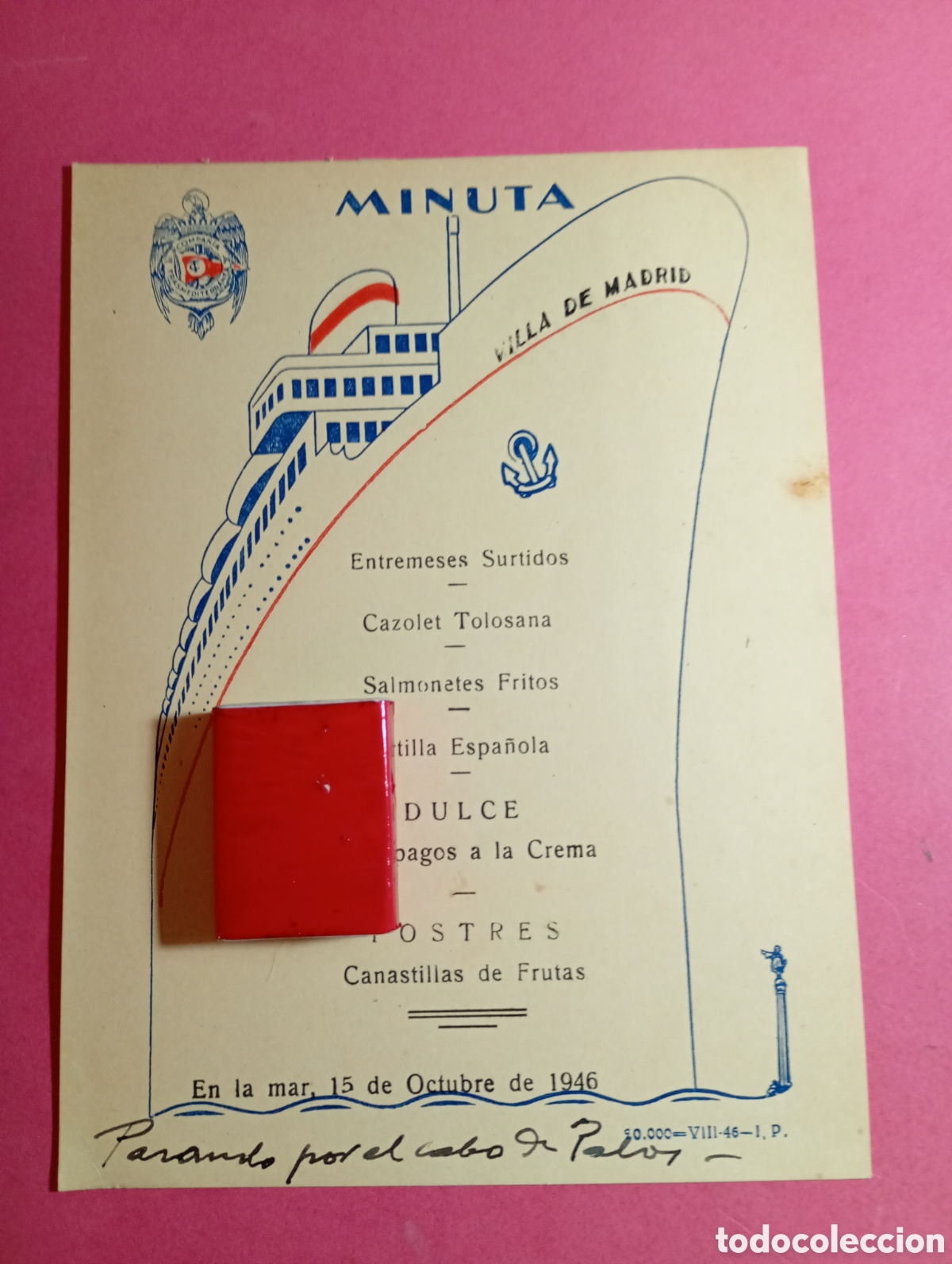 Linhas de navega&ccedil;&atilde;o: TRASMEDITERRANEA ''VILLA DE MADRID'' MINUTA 15/10/1946, EN LA MAR PASANDO EL CABO DE PALOS