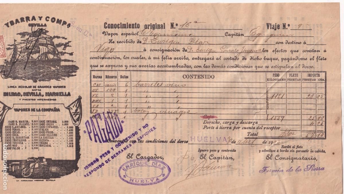 L&iacute;neas de navegaci&oacute;n: Conocimiento de embarque. Huelva. Ybarra y compa&ntilde;&iacute;a. Enrique Diaz. 1905
