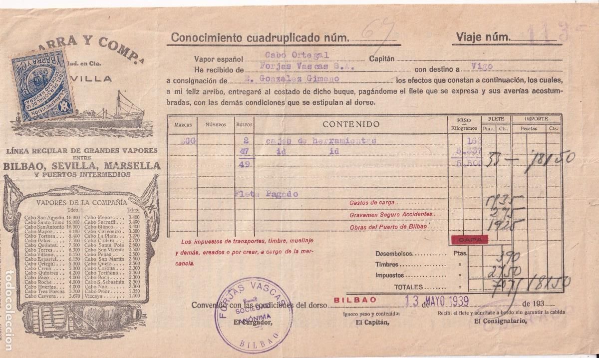 L&iacute;neas de navegaci&oacute;n: Conocimiento de embarque. Bilbao destino Vigo. A&ntilde;o 30 caja previsi&oacute;n personal naviera Ybarra.