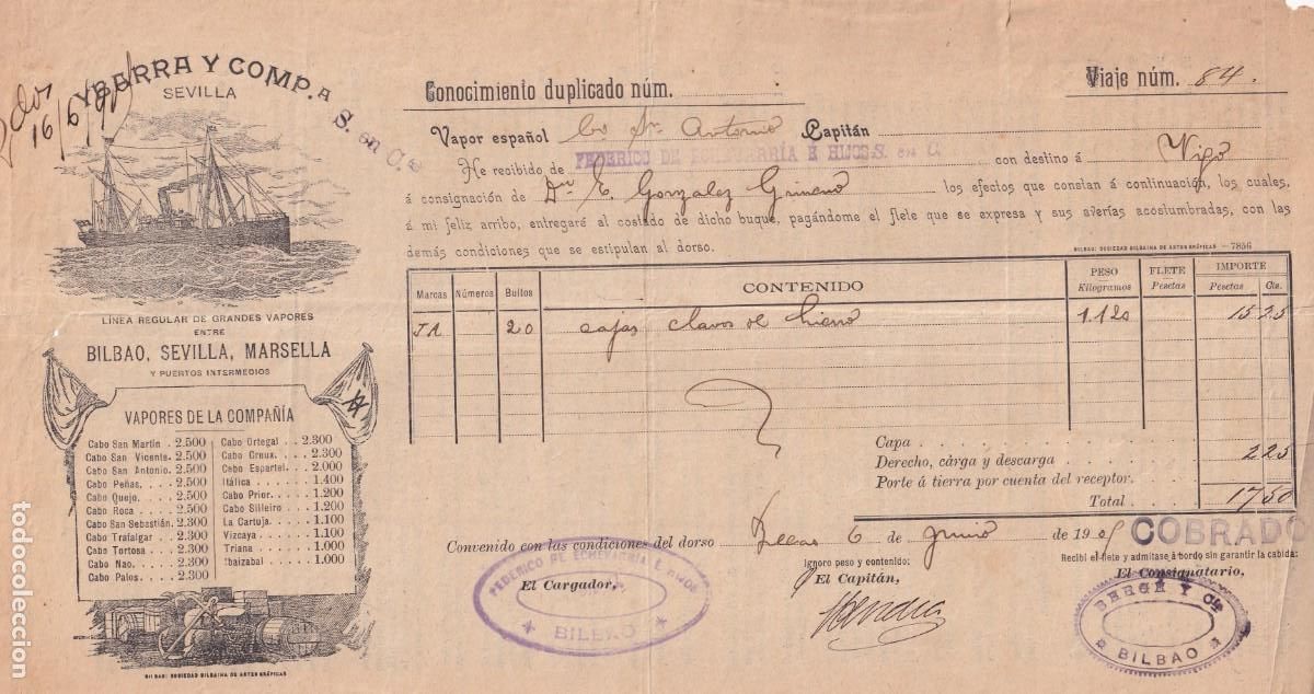 L&iacute;neas de navegaci&oacute;n: Conocimiento de embarque. Bilbao destino Vigo. 1908 Federico de Echevarr&iacute;a e hijos.