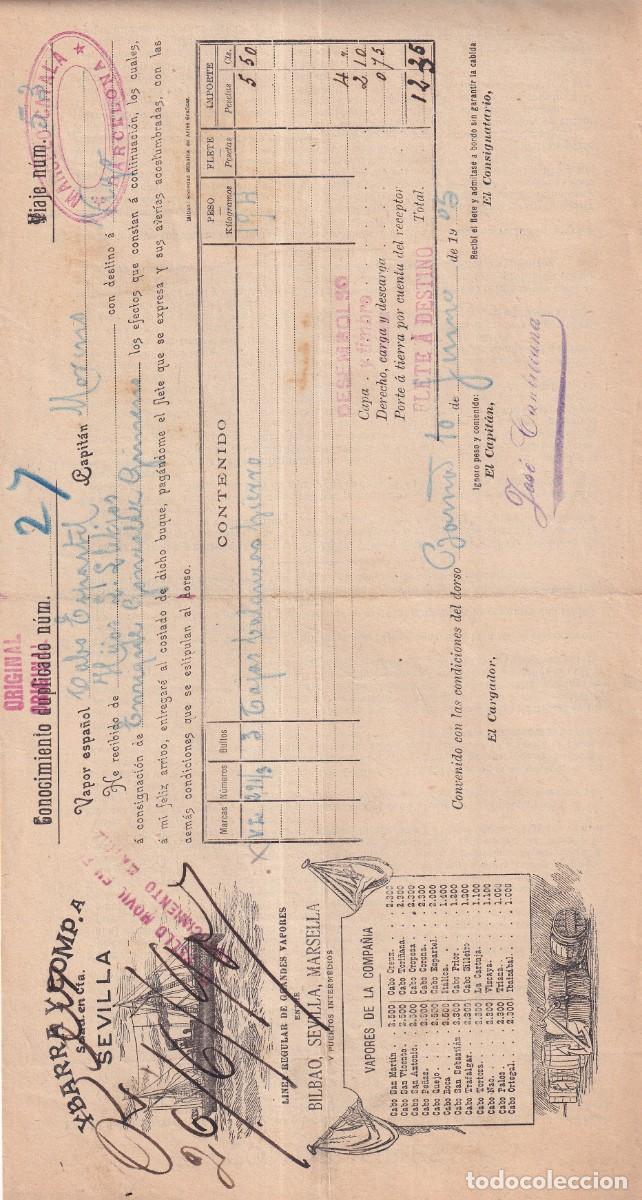 L&iacute;neas de navegaci&oacute;n: Conocimiento de embarque. Barcelona 1905 capitan Moreno. Ybarra Sevilla.