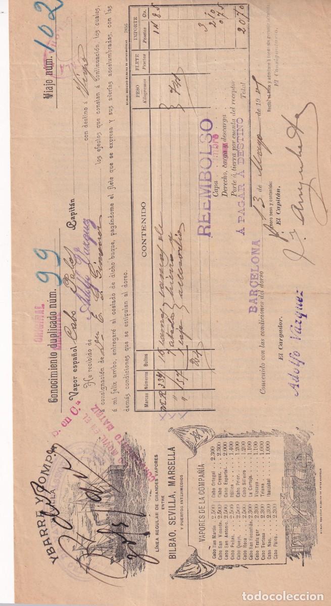 L&iacute;neas de navegaci&oacute;n: Conocimiento de embarque. Barcelona 1905 Adolfo Vazquez. Ybarra Sevilla