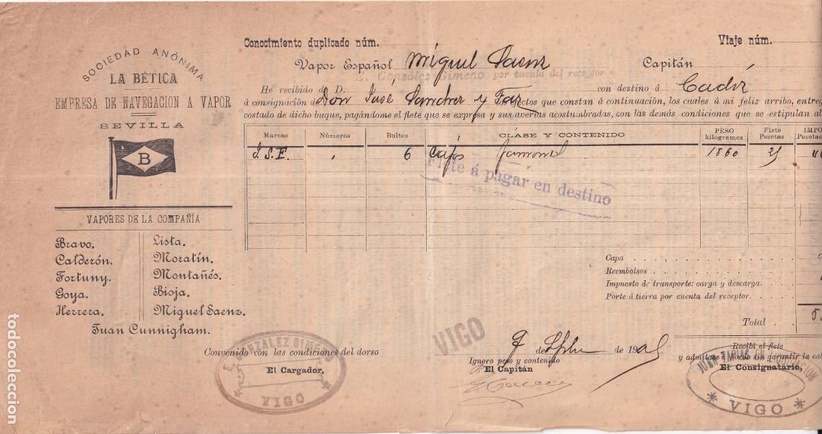 L&iacute;neas de navegaci&oacute;n: Conocimiento de embarque. Sociedad La B&eacute;tica Sevilla. Vigo 1908