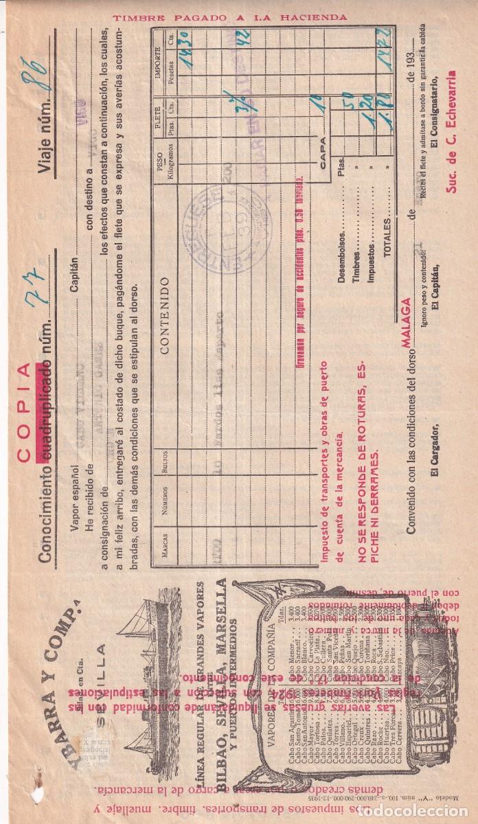 L&iacute;neas de navegaci&oacute;n: Conocimiento de embarque. Ybarra. M&aacute;laga 1939 Cabo Villano, destino Vigo.