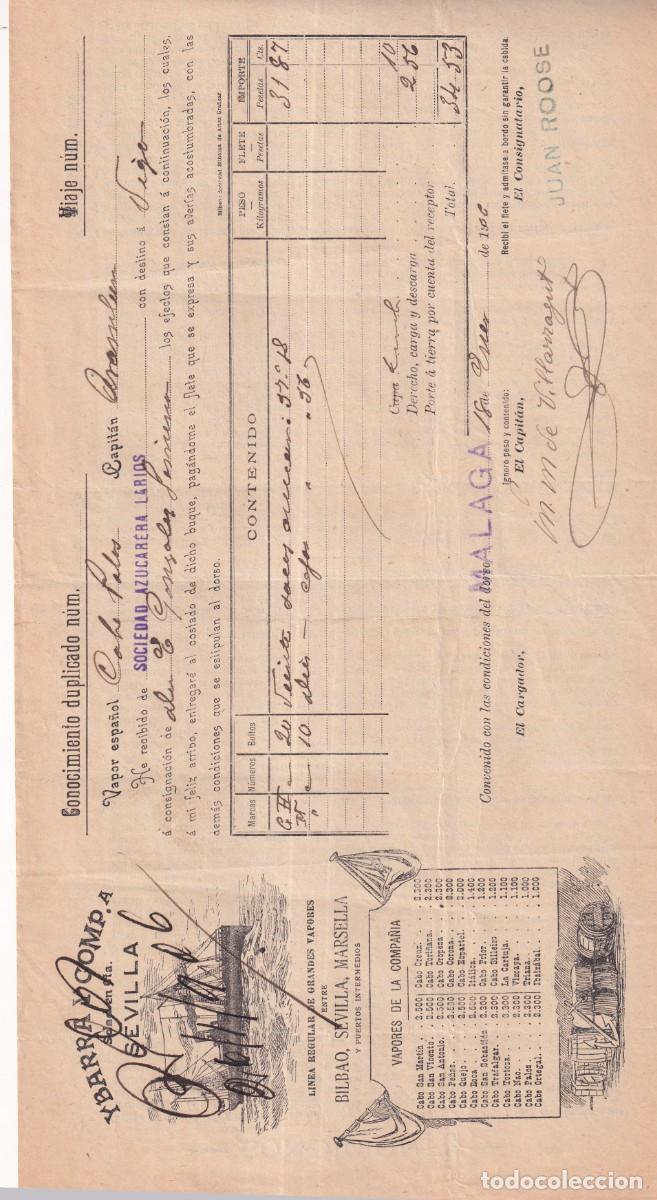 L&iacute;neas de navegaci&oacute;n: Conocimiento de embarque. Ybarra. M&aacute;laga 1906 Sociedad azucarera Larios, destino Vigo.