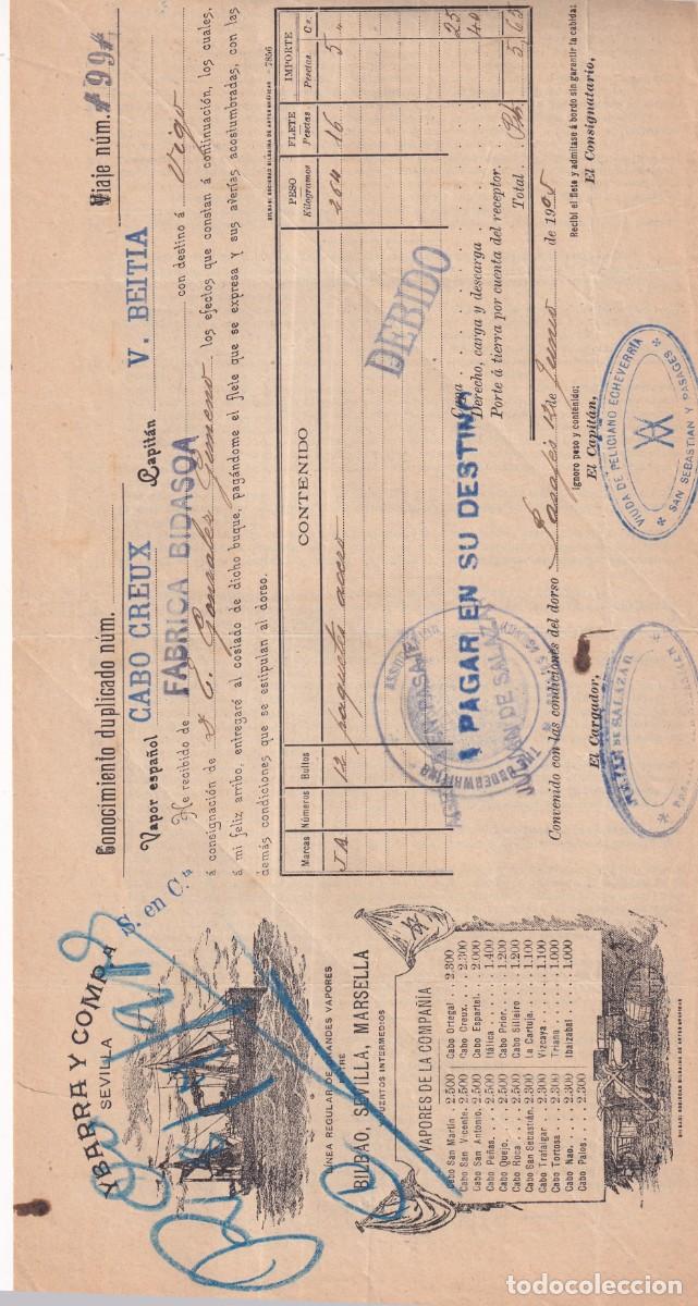 L&iacute;neas de navegaci&oacute;n: Conocimiento de embarque. Ybarra. Cabo Creux. F&aacute;brica Bidasoa. Pasajes 1905