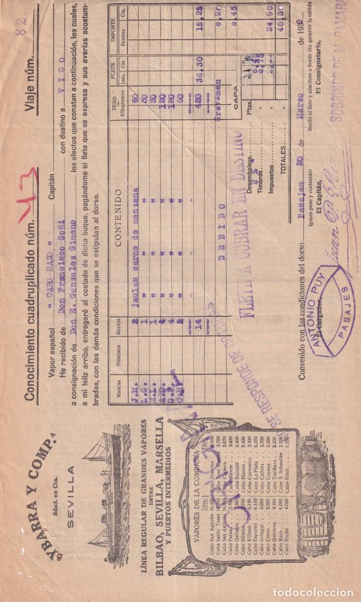 Linhas de navega&ccedil;&atilde;o: Conocimiento de embarque. Ybarra. Cabo Razo. Antonio Puy Pasajes 1939