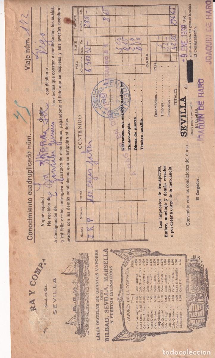 L&iacute;neas de navegaci&oacute;n: Conocimiento de embarque. Ybarra. Sevilla, destino Vigo. Joaqu&iacute;n de Haro 1939