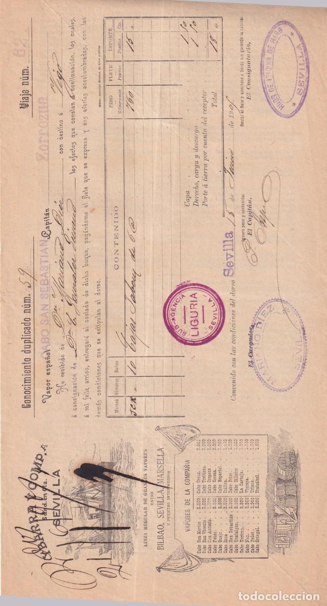 L&iacute;neas de navegaci&oacute;n: Conocimiento de embarque. Ybarra. Sevilla, Vapor Cabo San Sebasti&aacute;n capit&aacute;n Zorrozua 1905