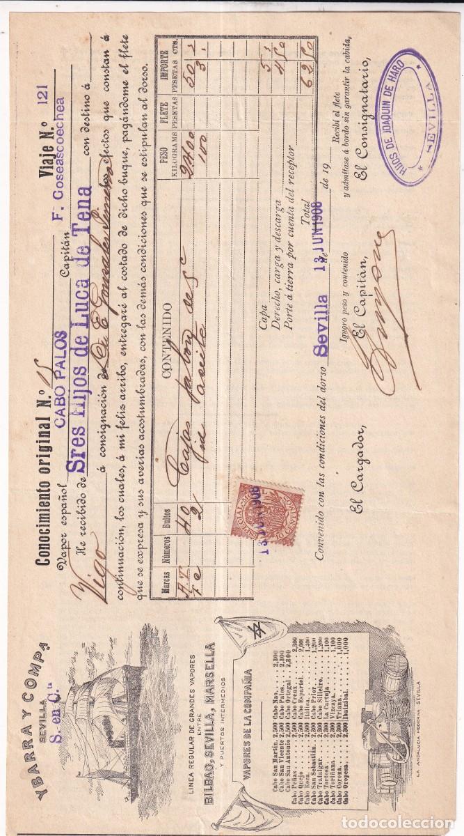 L&iacute;neas de navegaci&oacute;n: Conocimiento de embarque. Ybarra. Sevilla, Vapor Cabo de Palos, Goseascoechea capit&aacute;n 1908 Luca Tena