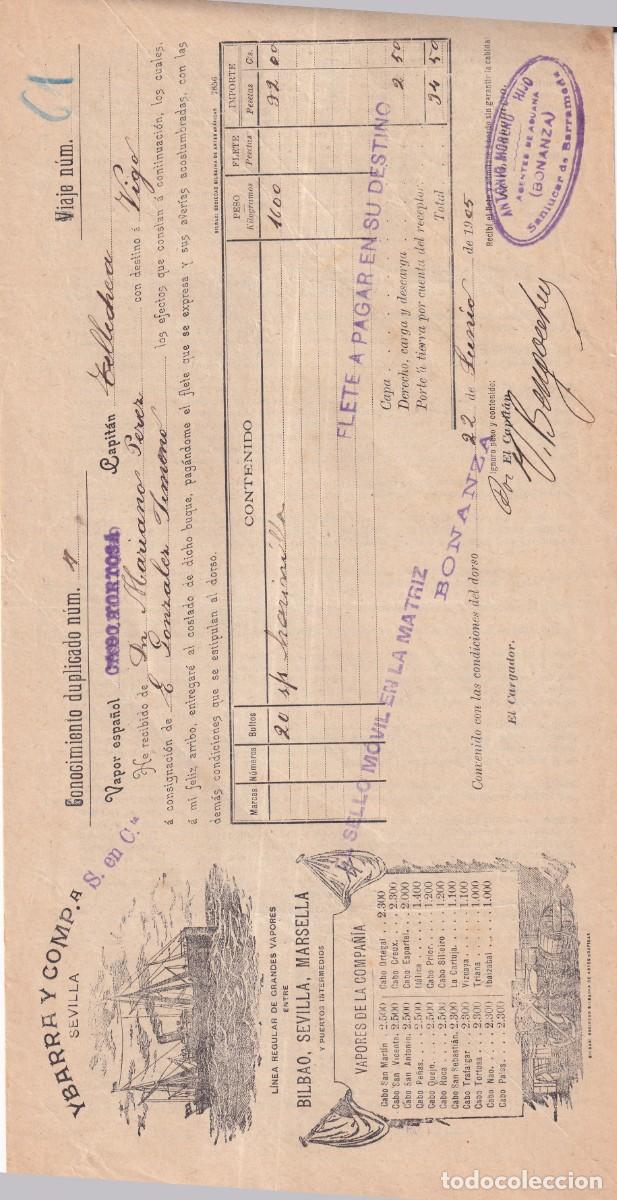 L&iacute;neas de navegaci&oacute;n: Conocimiento de embarque. Ybarra. Sevilla, Vapor Cabo Tortosa, 1905 Sanlucar Barrameda Bonanza