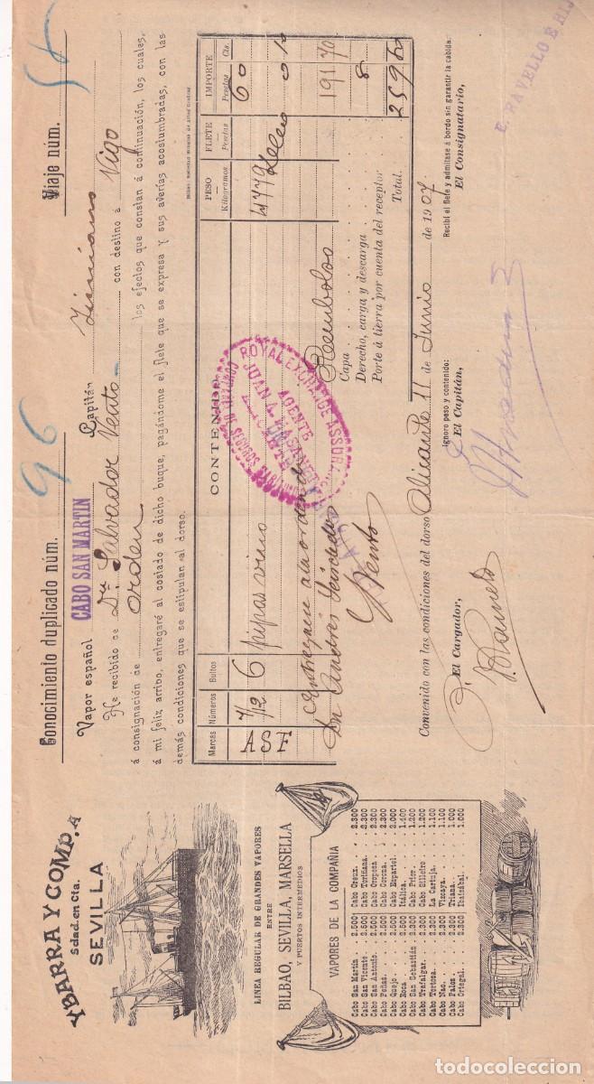 L&iacute;neas de navegaci&oacute;n: Conocimiento de embarque. Ybarra. Alicante, destino Vigo. Cabo San Mart&iacute;n 1907