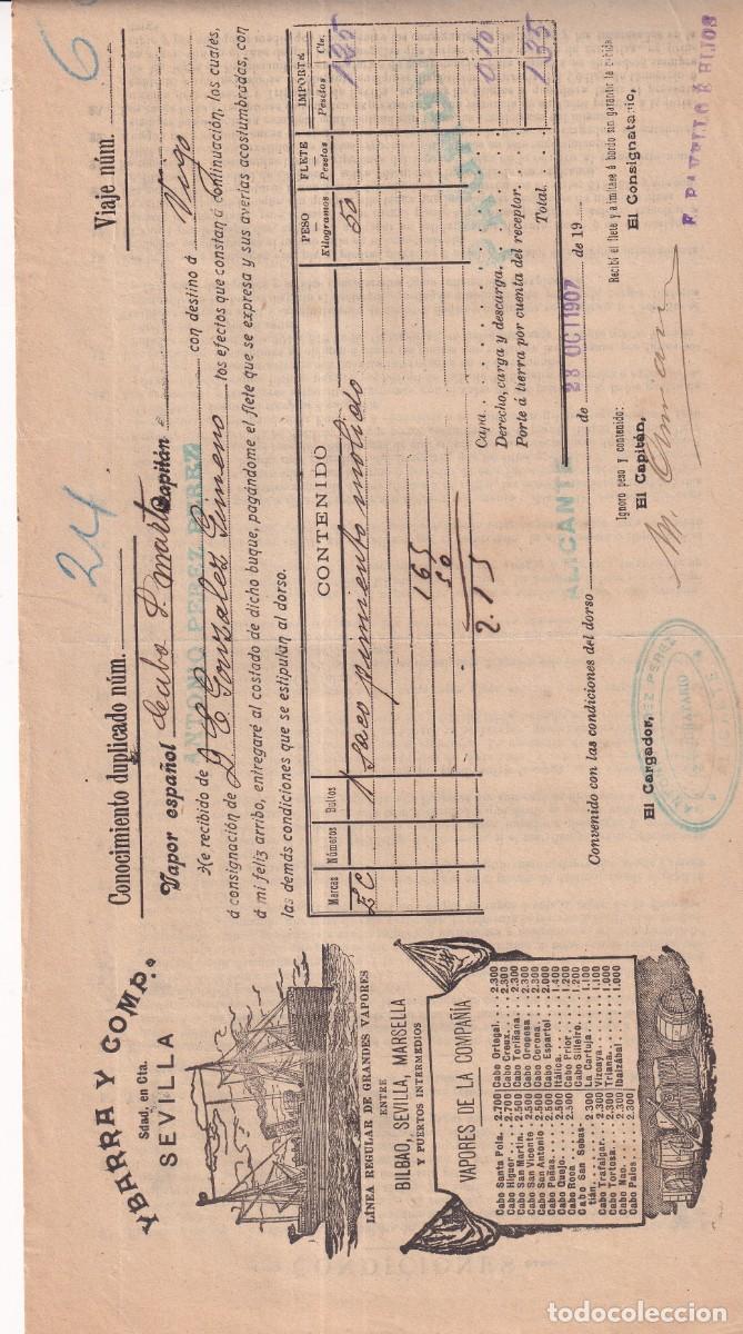 L&iacute;neas de navegaci&oacute;n: Conocimiento de embarque. Ybarra. Alicante destino Vigo 1907 Antonio P&eacute;rez P&eacute;rez