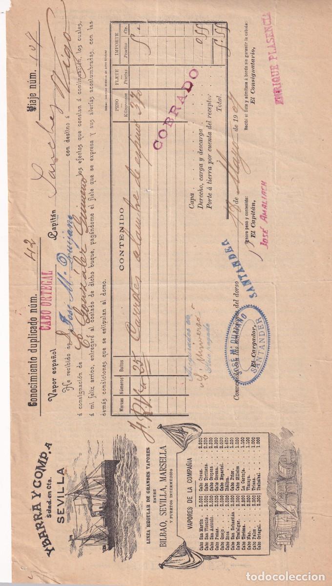 L&iacute;neas de navegaci&oacute;n: Conocimiento de embarque. Ybarra. Santander destino Vigo 1907 Jose Quijano