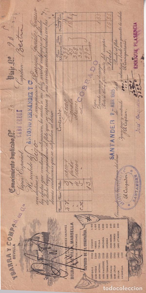 L&iacute;neas de navegaci&oacute;n: Conocimiento de embarque. Ybarra. Santander destino Vigo 1905 Enrique Plasencia. Vapor Cabo Creux