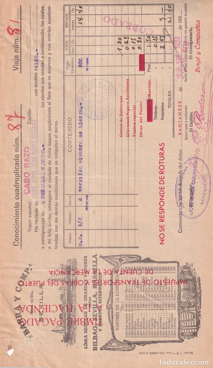 L&iacute;neas de navegaci&oacute;n: Conocimiento de embarque. Ybarra. Santander destino Vigo 1939 Vapor Cabo Razo
