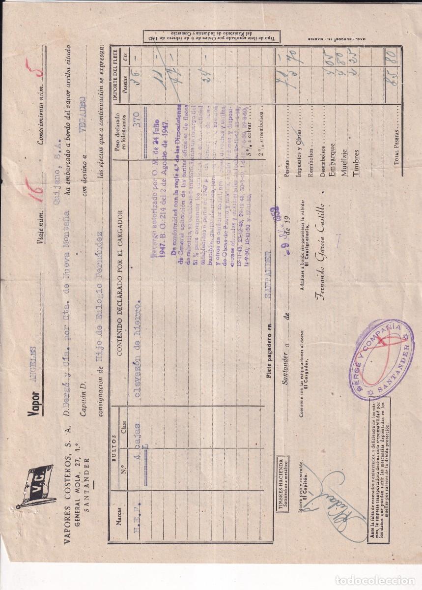 L&iacute;neas de navegaci&oacute;n: Conocimiento de embarque. Vapores costeros. Santander a&ntilde;os 50 destino Vegadeo