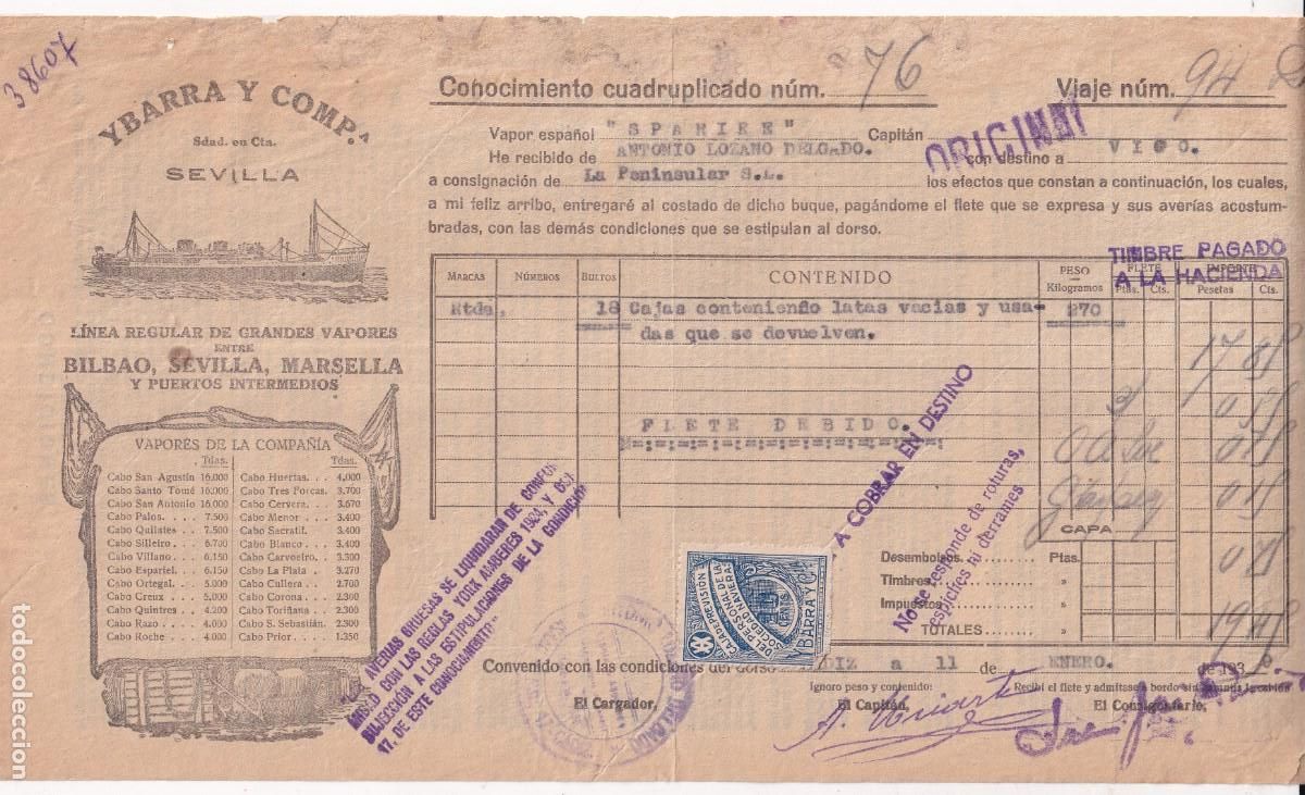 L&iacute;neas de navegaci&oacute;n: Conocimiento de embarque. Ybarra Sevilla. Vapores Sparire de C&aacute;diz a Vigo 1939