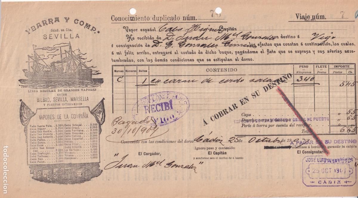 L&iacute;neas de navegaci&oacute;n: Conocimiento de embarque. Ybarra Sevilla. 1907 de C&aacute;diz a Vigo