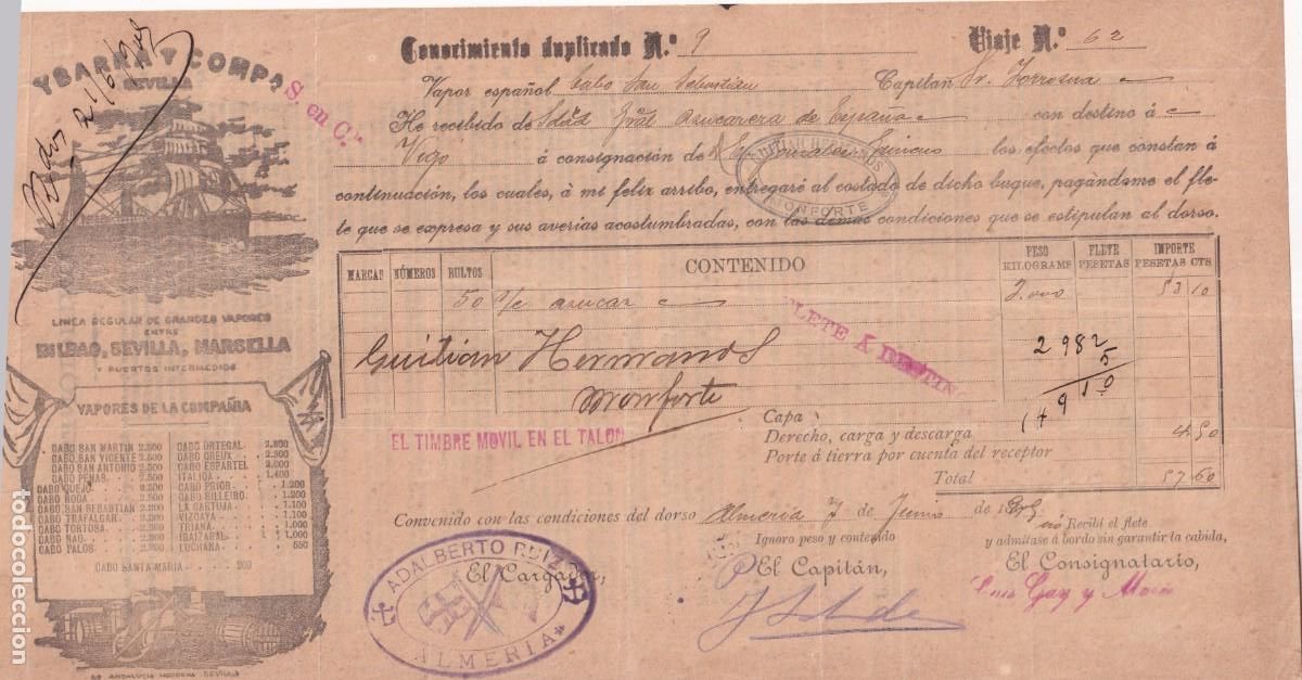 L&iacute;neas de navegaci&oacute;n: Conocimiento de embarque. Ybarra Sevilla. 1905 Adalberto Ruiz Almeria. Monforte