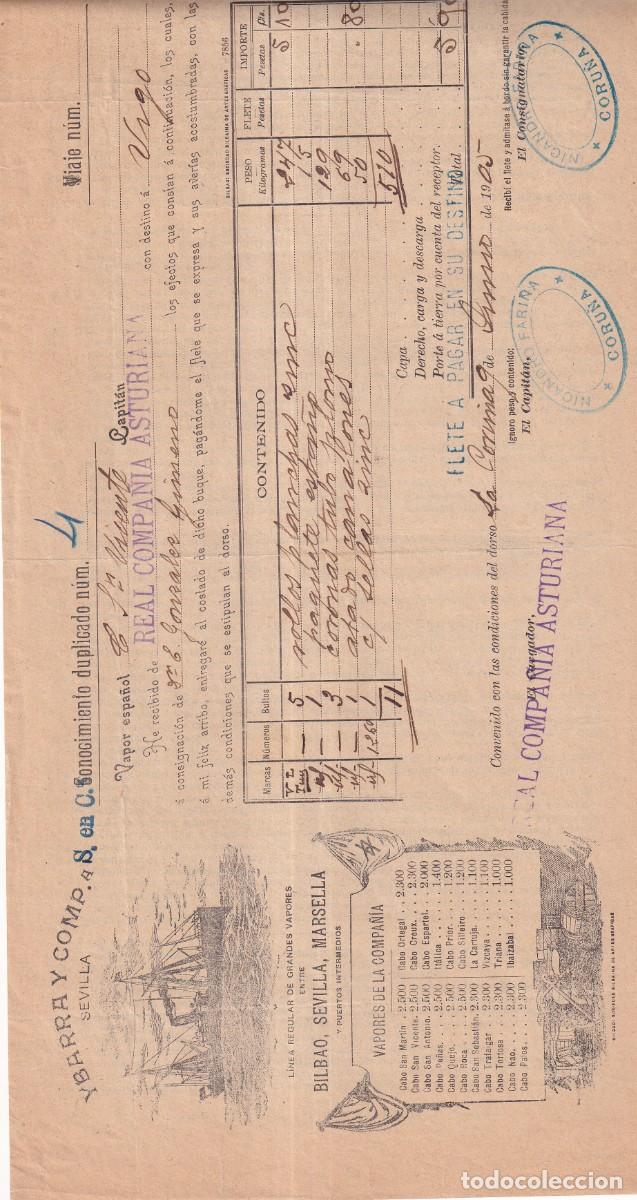 Linhas de navega&ccedil;&atilde;o: Conocimiento de embarque. Ybarra Sevilla. 1905 Real Compa&ntilde;&iacute;a Asturiana Coru&ntilde;a destino Vigo Fari&ntilde;a