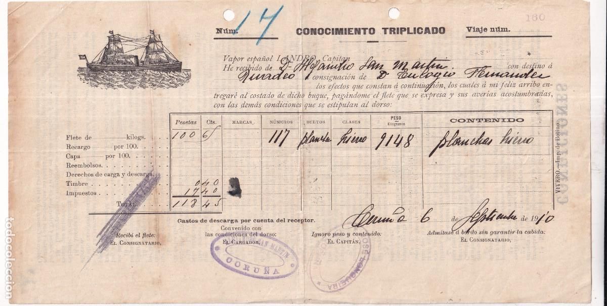 Linhas de navega&ccedil;&atilde;o: Conocimiento de embarque. 1910 Coru&ntilde;a Jose Longueira. Alejandro San Martin.