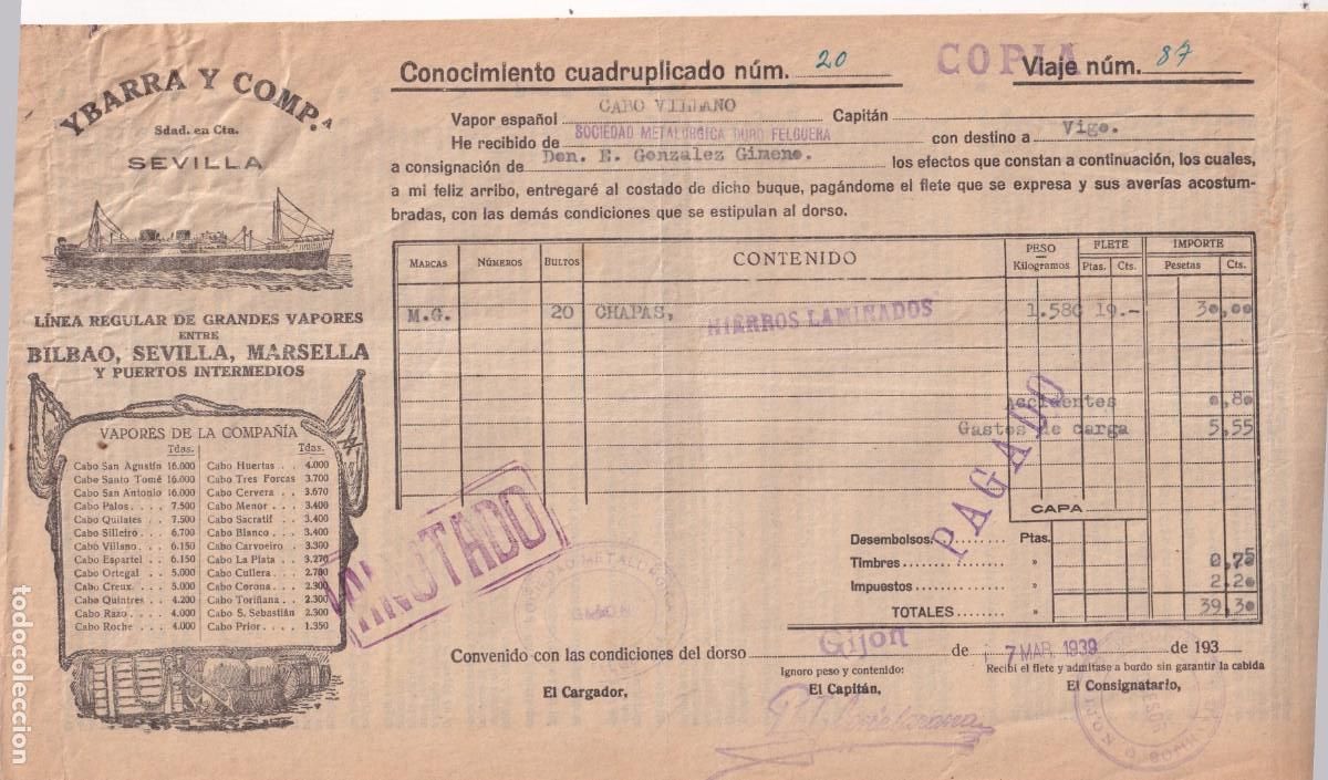 Linhas de navega&ccedil;&atilde;o: Conocimiento de embarque. 1939 Sociedad metal&uacute;rgica Duro Felguera. De Gij&oacute;n a Vigo