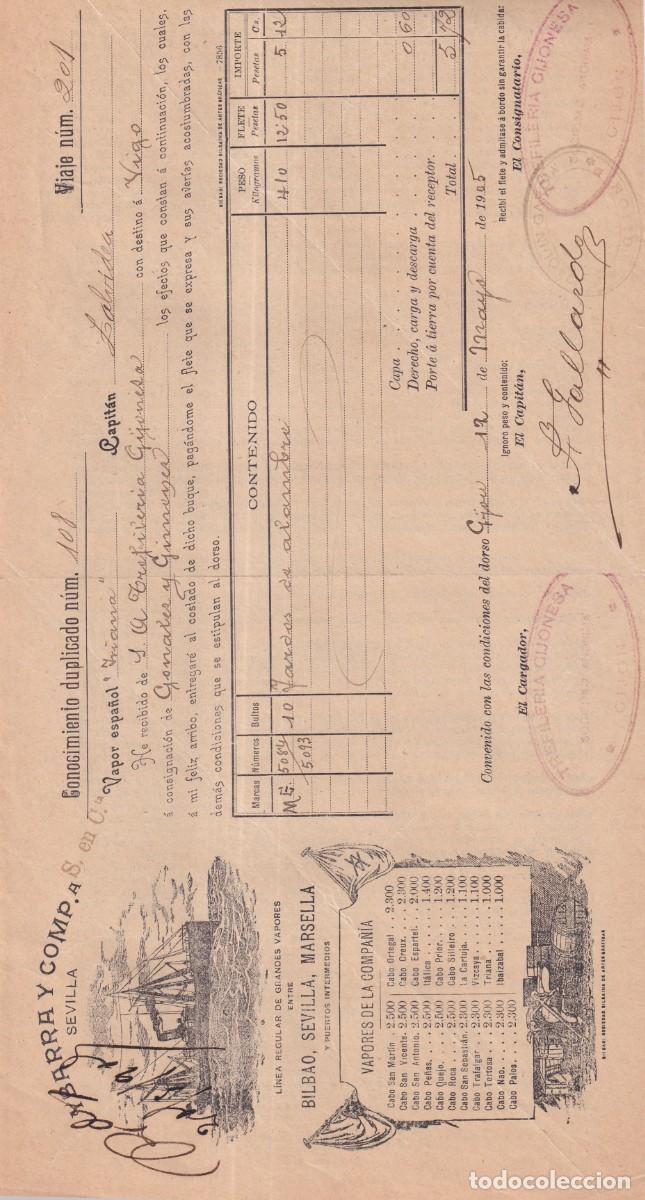 Linhas de navega&ccedil;&atilde;o: Conocimiento de embarque. 1905 Vapor Triana. De Gij&oacute;n a Vigo Trefiler&iacute;a Gijonesa